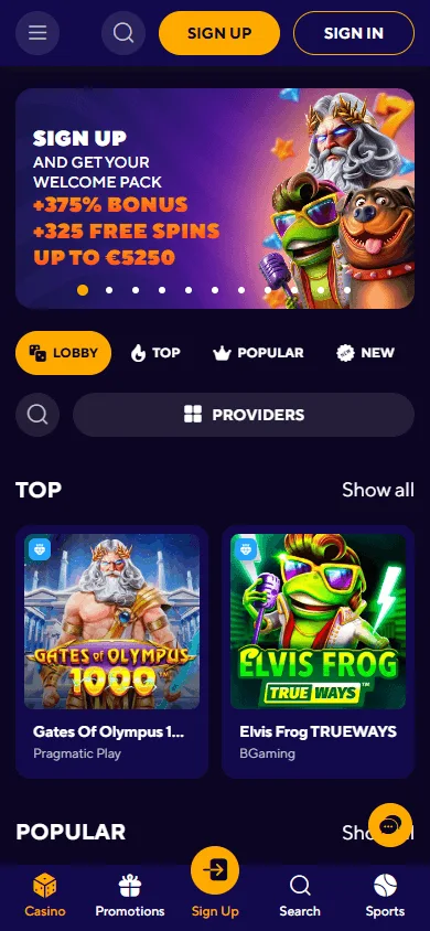 Dazard Casino mobile home screen in a phone browser