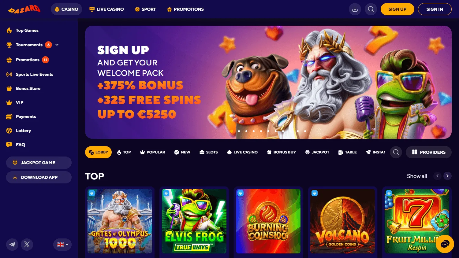 Dazard Casino desktop home screen with the main casino offer and navigation