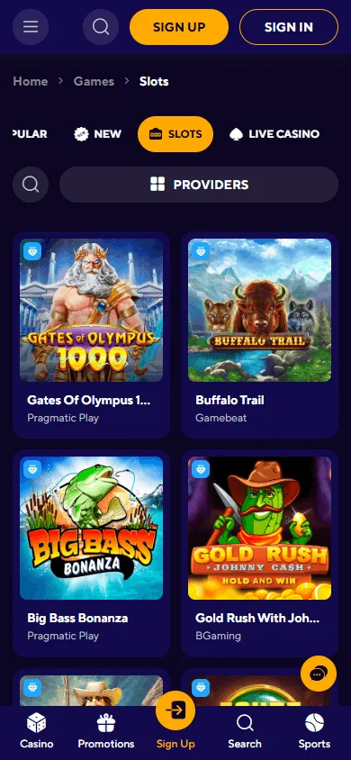 Dazard Casino mobile games area with casino categories