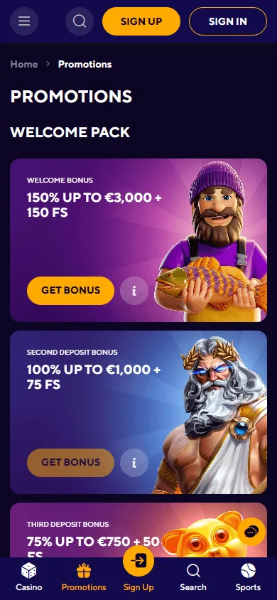 Dazard Casino mobile promotions area with bonus offers