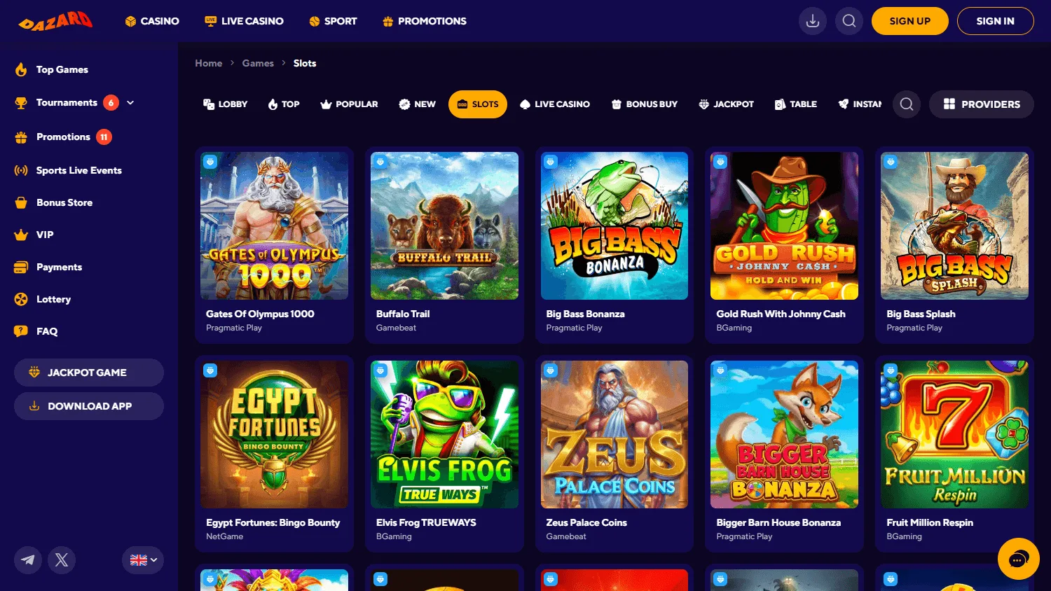 Dazard Casino desktop games area with casino categories and titles