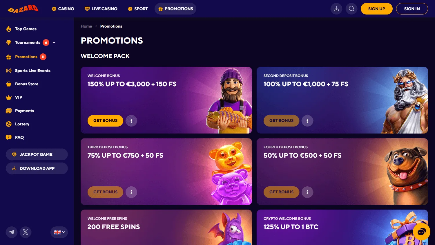 Dazard Casino desktop promotions area with welcome and promotional offers